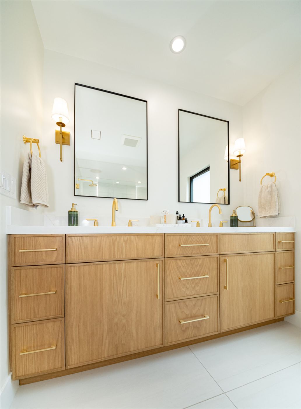 Primary bathroom with custom white oak double vanity