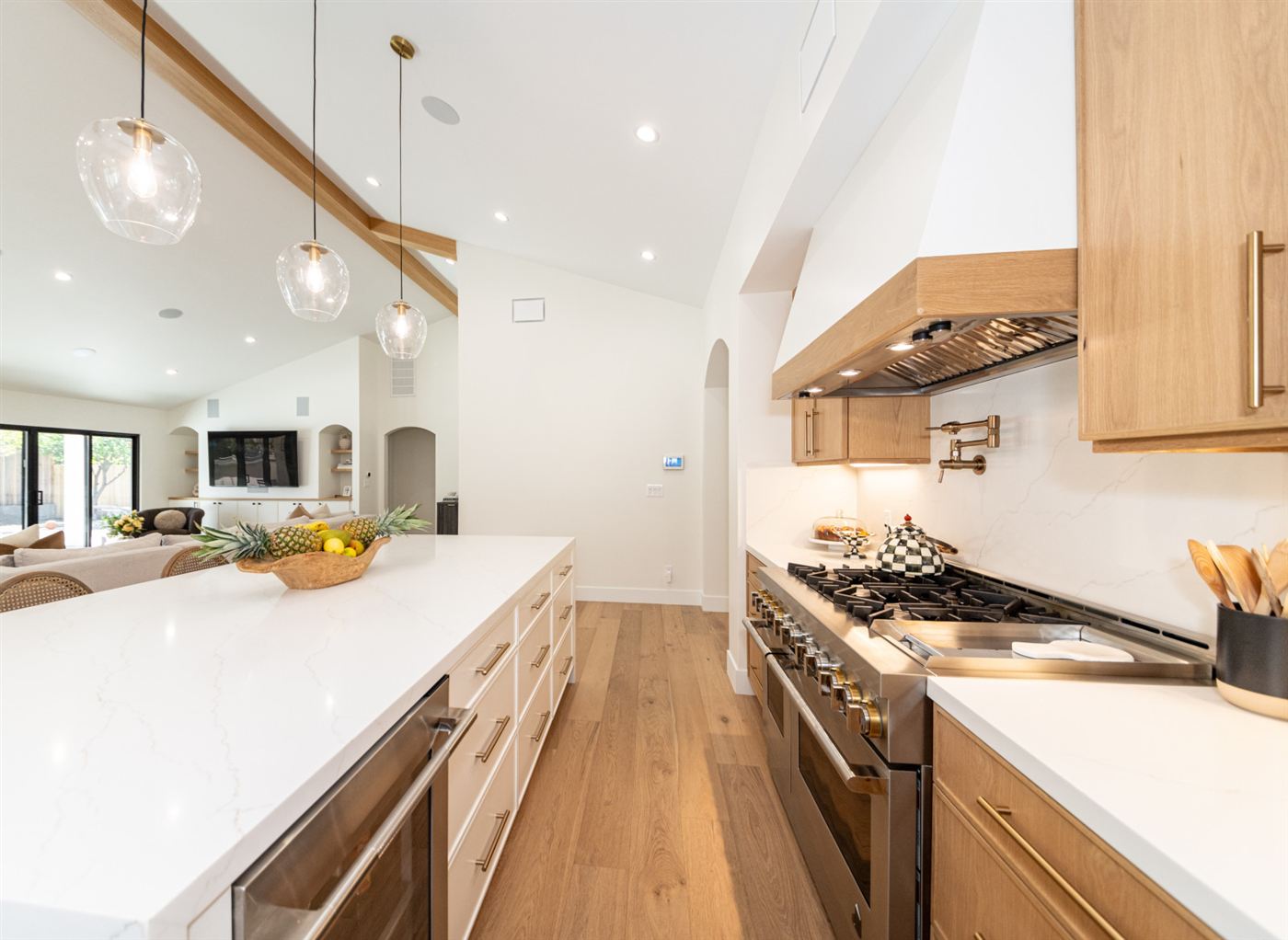 Pasadena modern kitchen â€” light wood cabinets with brass hardware, by ARKO Remodeling