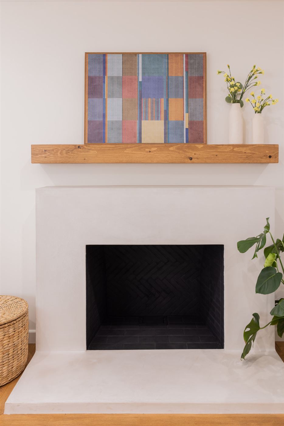Living room fireplace with white surround