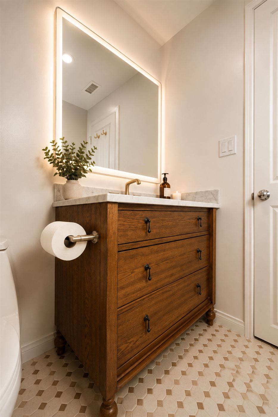 Custom stained-wood vanity with backlit LED mirror and veined stone countertop