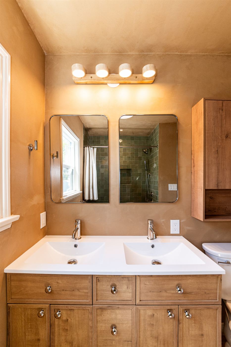 Woodland Hills bathroom â€” custom oak double vanity with white quartz countertop, by ARKO Remodeling