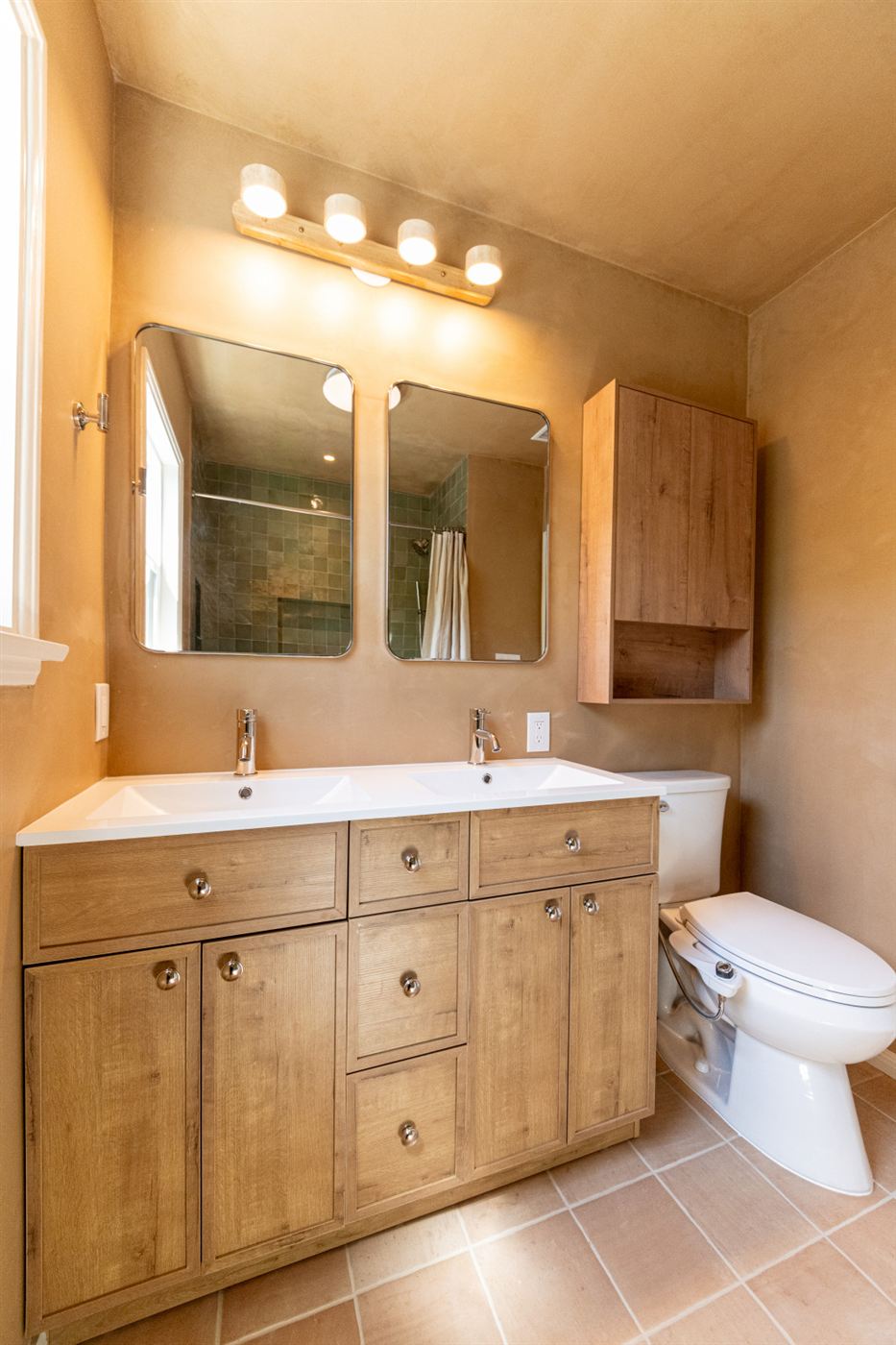 Woodland Hills bathroom â€” custom oak double vanity with white quartz countertop, by ARKO Remodeling